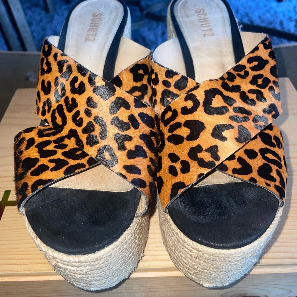 Schutz Lora Leopard Calf Hair Platforms